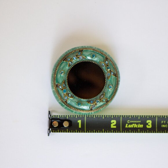 Tiny Trinket Box, small 2" brass and enamel teal jeweled picture box, locket tin - Picture 7 of 7